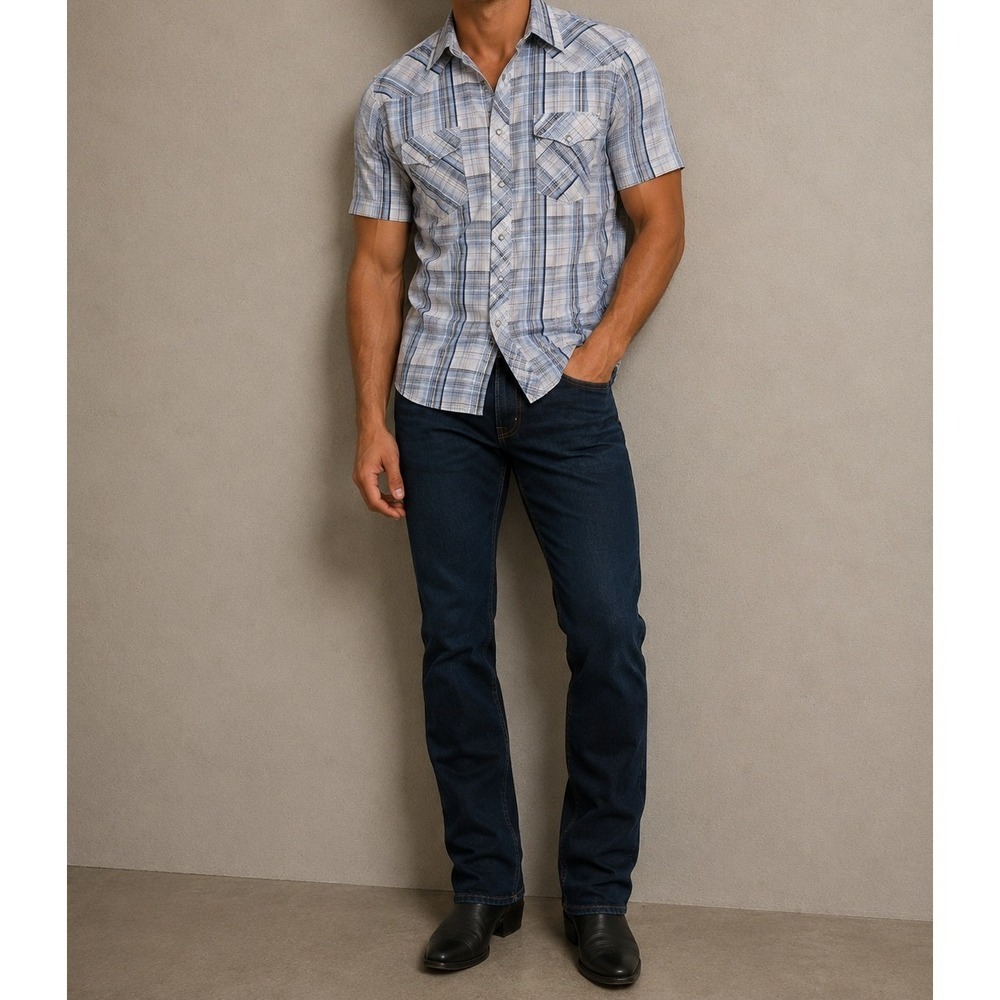 Roper Western Mens Shirt M Blue Plaid Short Sleeve Pearl Snap Shirt